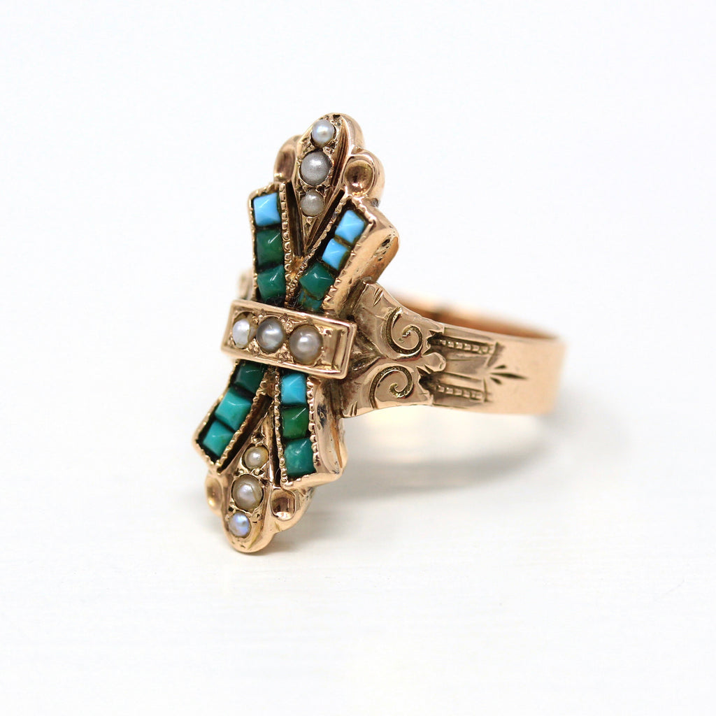 Antique Turquoise Ring - 10k Yellow Gold Victorian Era Green & Blue Genuine Gems Statement - Size 6 1/2 Circa 1890s Seed Pearl Fine Jewelry
