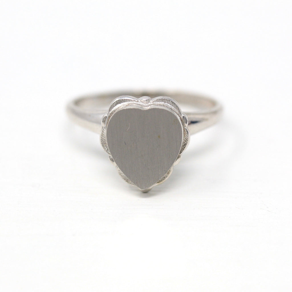 Blank Signet Ring - Retro 10k White Gold Heart Personalize Engrave Initials - Vintage Circa 1960s Era Size 7 Letters PSCO Fine 60s Jewelry