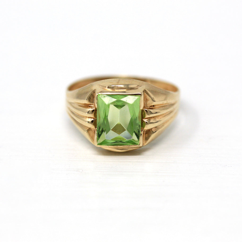 Uranium Glass Ring - Retro Era 10k Yellow Gold Signet Green Stone Band - Vintage Circa 1940s Era Size 6 Fluorescent Green Vaseline Jewelry