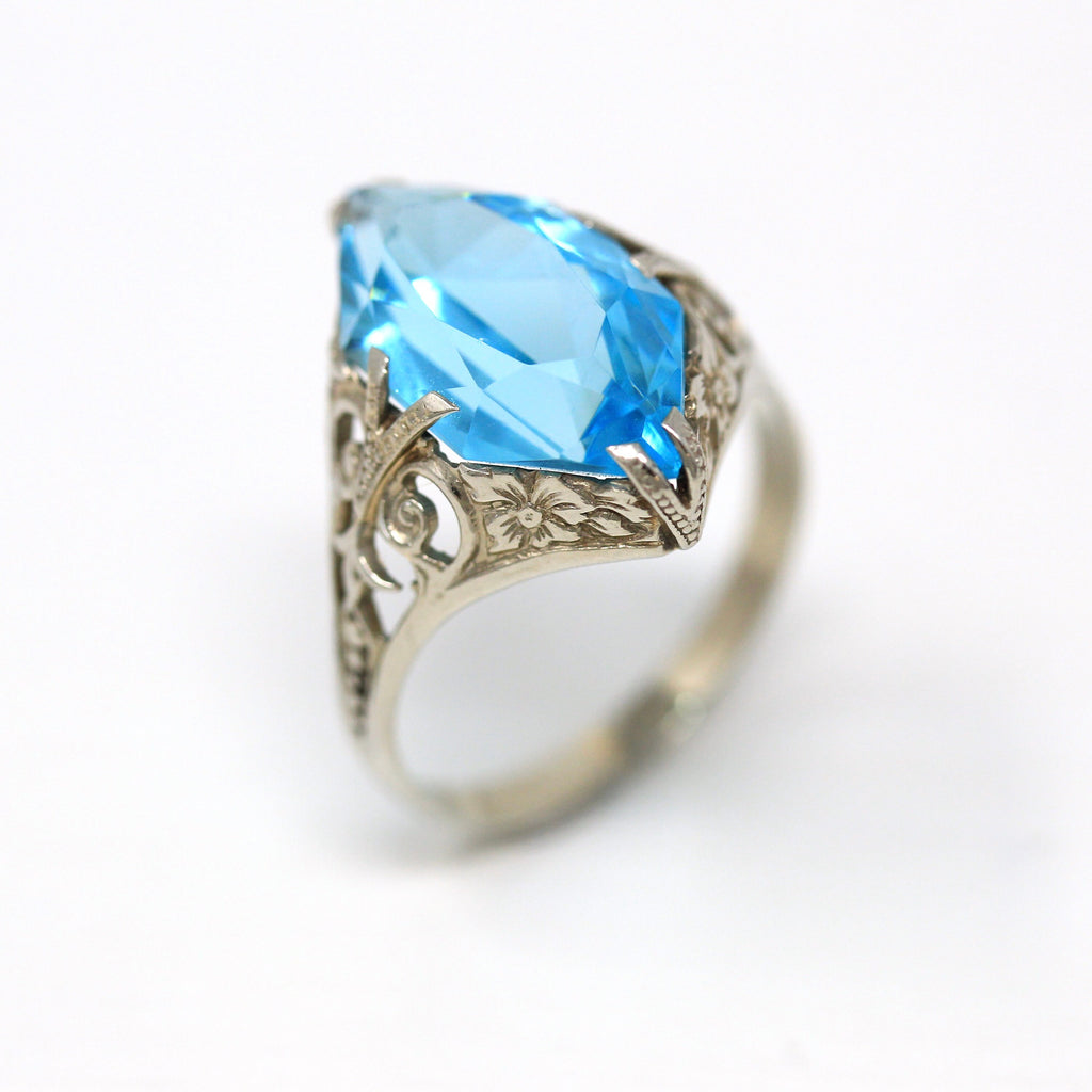 Art Deco Ring - Vintage 10k White Gold Filigree Simulated Aquamarine - Circa 1930s Size 6.5 Blue Glass March Birthstone Fine Jewelry