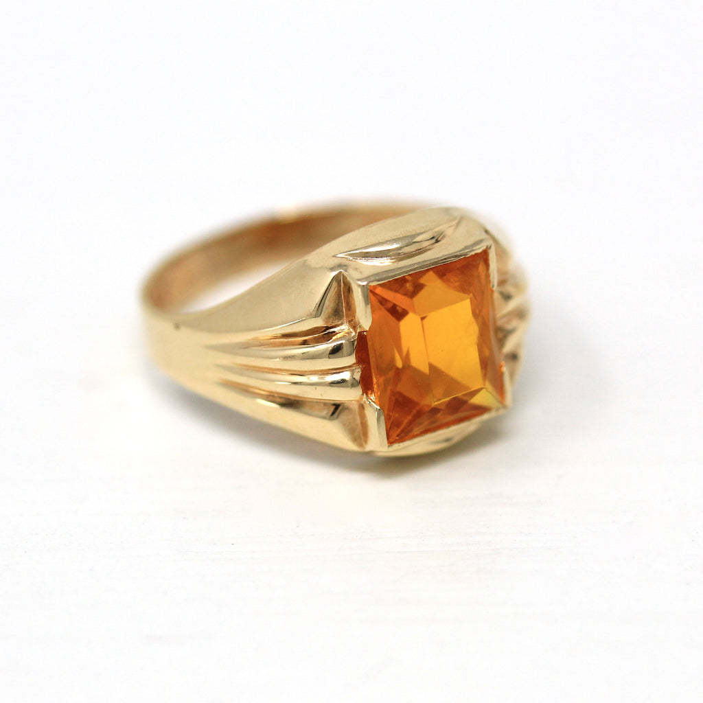 Simulated Citrine Ring - Retro 10k Yellow Gold Yellow Orange Faceted Glass Stone - Circa 1940s Size 5 November Birthstone Fine Jewelry