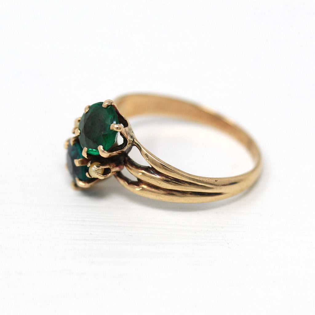 Garnet Doublet Ring - Edwardian 10k Yellow Gold Round Faceted Green Glass Stones - Antique Circa 1910s Size 6 3/4 Bypass Seed Pearl Jewelry