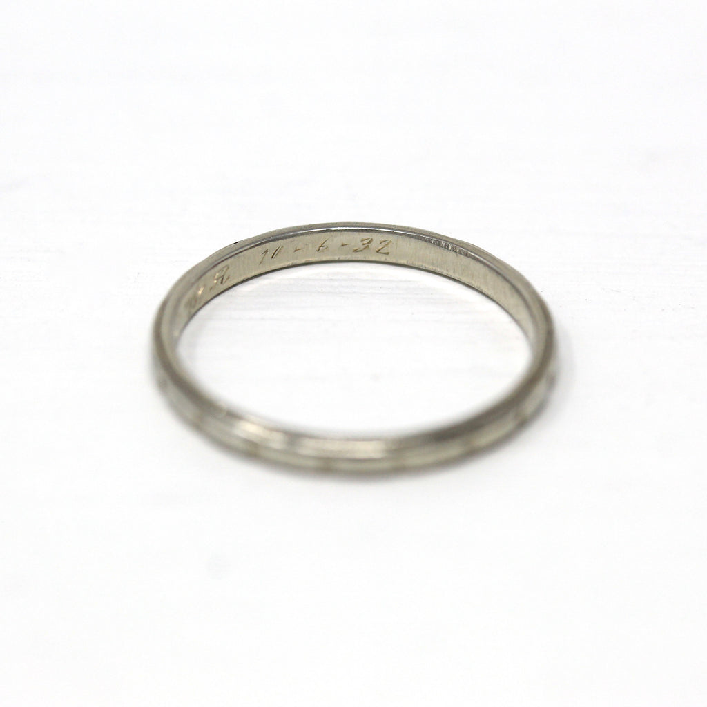 Dated 1932 Band - Art Deco 18k White Gold Engraved Initials Milgrain Design Ring - Vintage Dated "10-6-32" Size 6 1/4 Wedding Fine Jewelry
