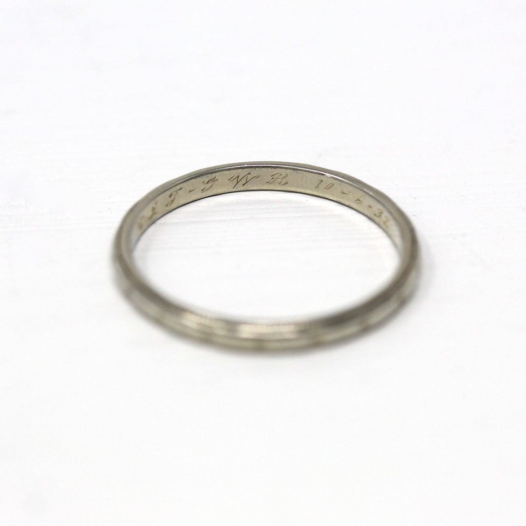 Dated 1932 Band - Art Deco 18k White Gold Engraved Initials Milgrain Design Ring - Vintage Dated "10-6-32" Size 6 1/4 Wedding Fine Jewelry