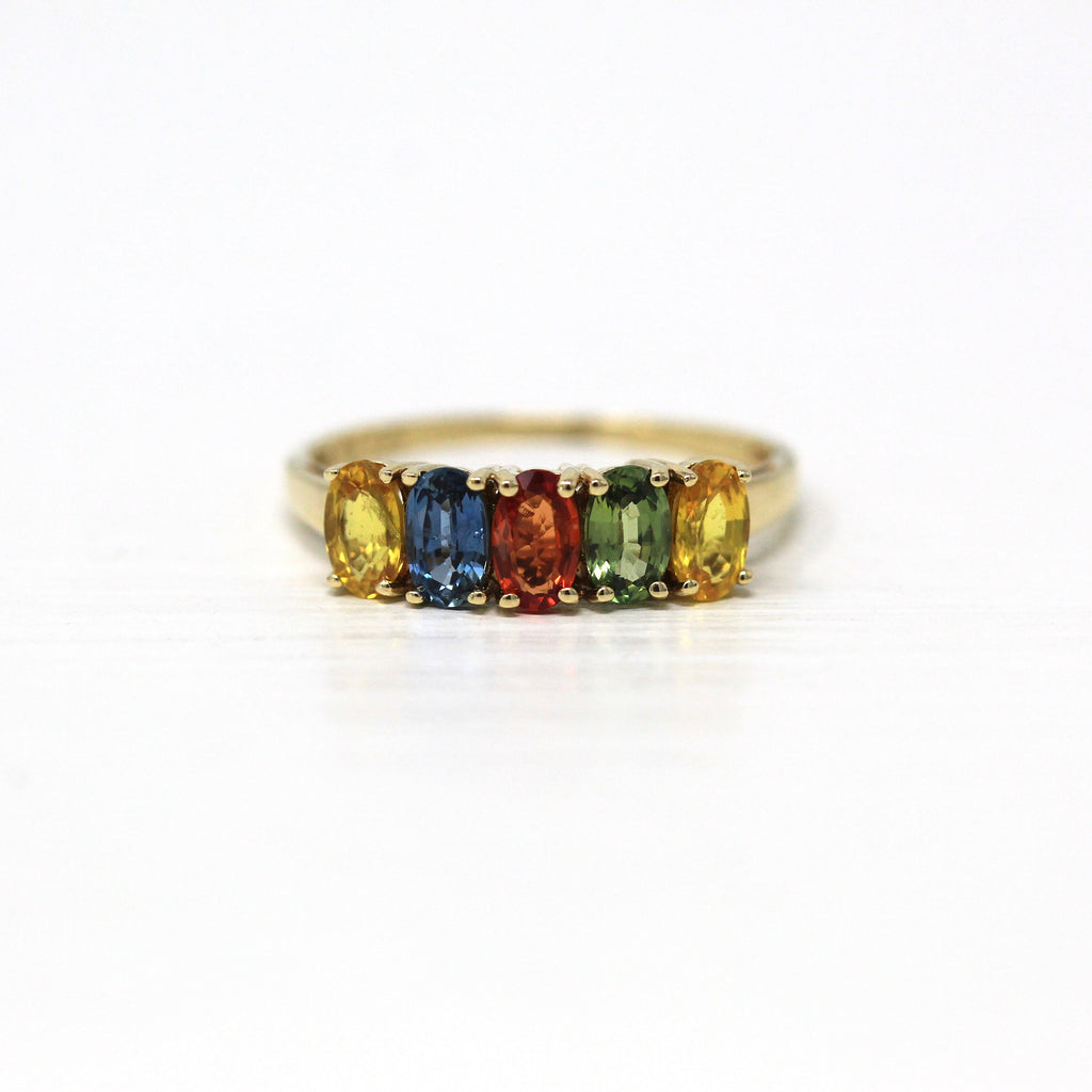 Genuine Sapphire Ring - Modern 10k Yellow Gold Oval Faceted Rainbow 1.50 CTW Five Gems - Estate Circa 2000's Era Size 6 3/4 Fine Y2K Jewelry