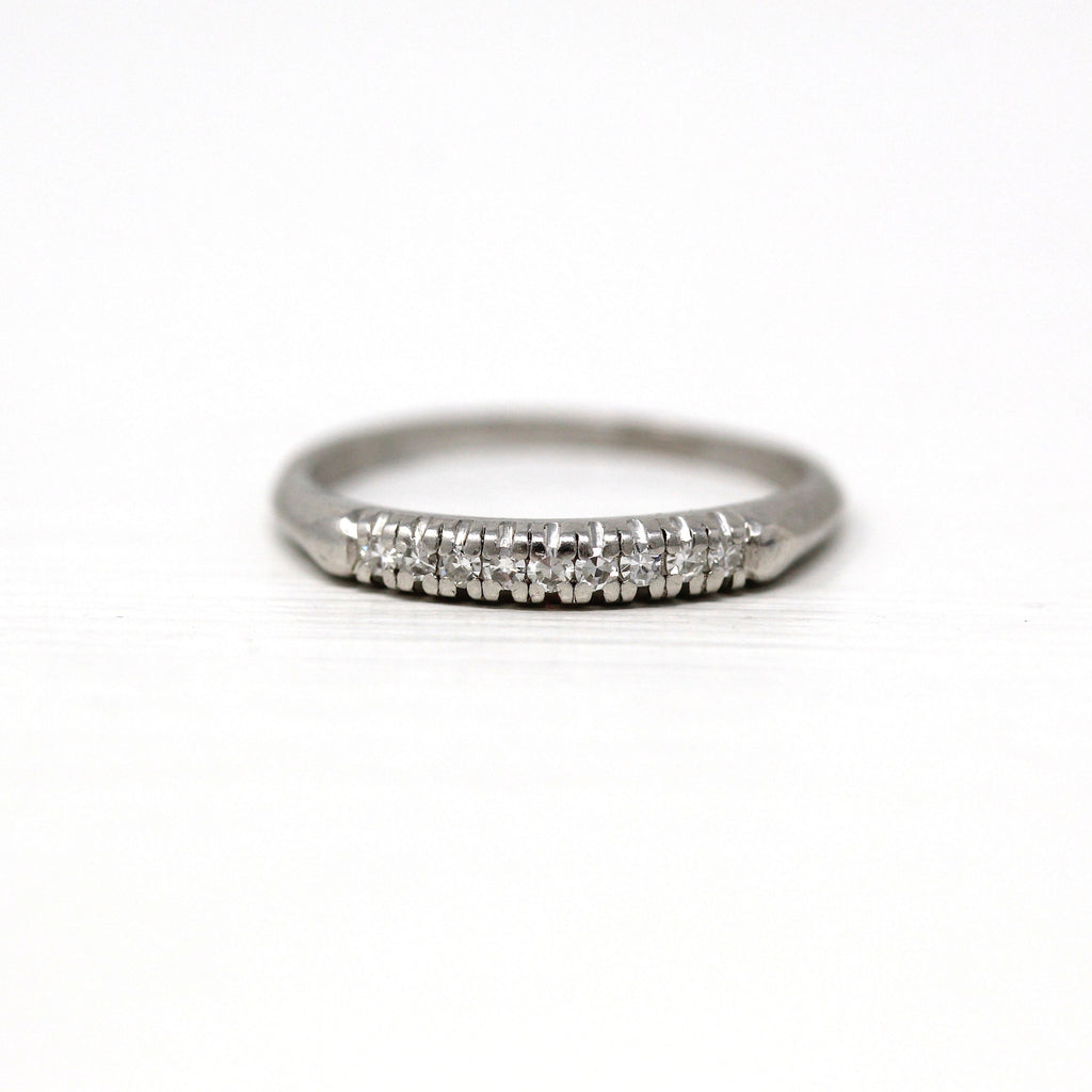 Vintage Diamond Band - Mid Century Platinum .09 CTW Genuine Single Cut Gems Wedding Ring - Circa 1950s Era Size 5.25 Stacking 50s Jewelry