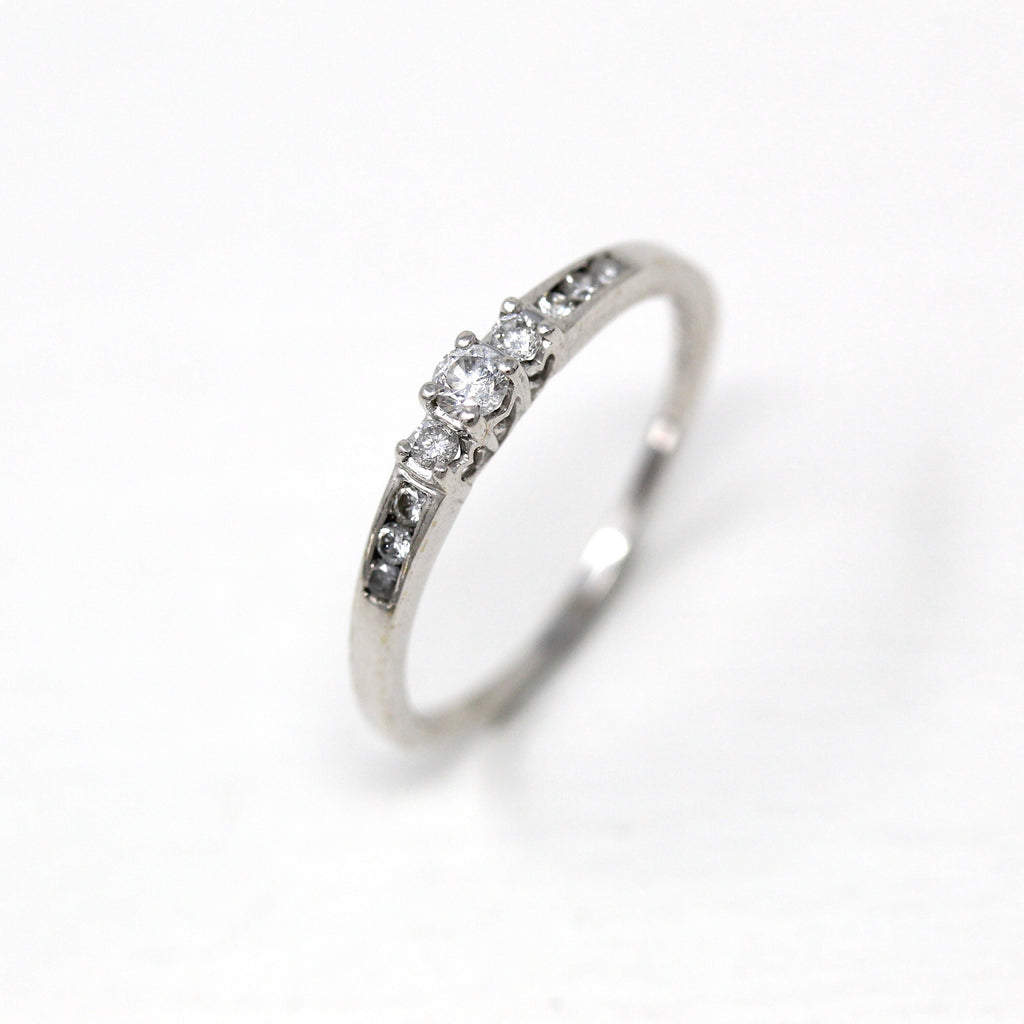 Genuine Diamond Ring - Modern 14k White Gold Emerald Cut 0.19 CTW Gemstones - Estate Y2K Circa 2000's Size 8.75 Engagement Solitaire Jewelry