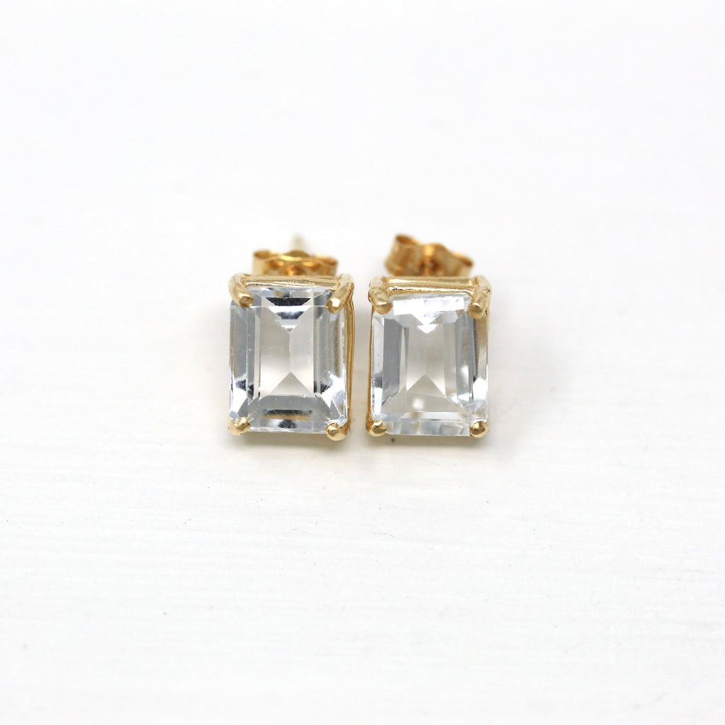 Genuine Aquamarine Earrings - Modern Estate 14k Yellow Gold Emerald Cut Blue Gem 4.08 CTW - Circa 2000 Era Gemstones Pierced Fine Jewelry
