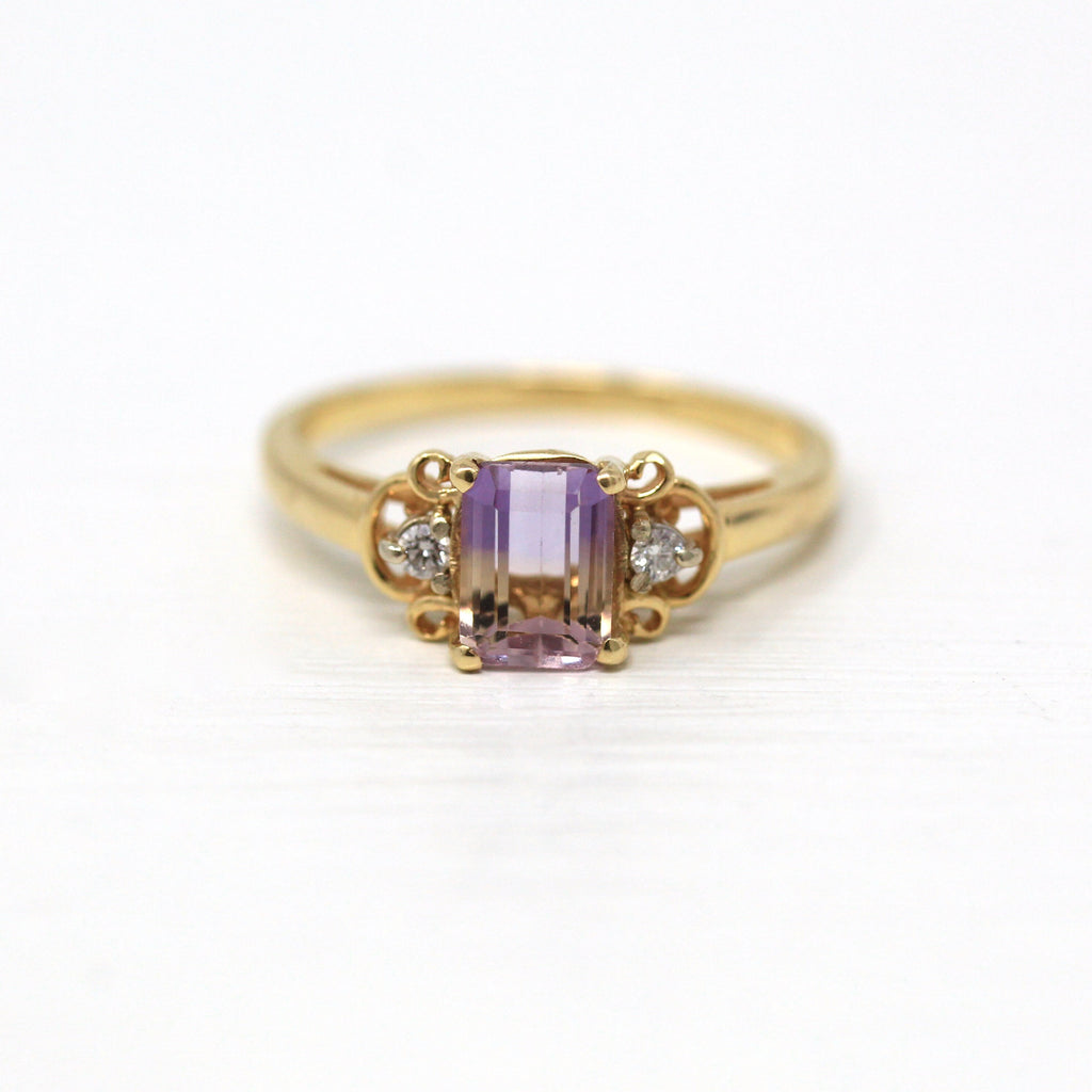 Genuine Ametrine Ring - Modern 14k Yellow Gold Rectangular Faceted Purple Yellow 0.87 CT Gem - Estate Circa 2000's Era Diamonds Fine Jewelry