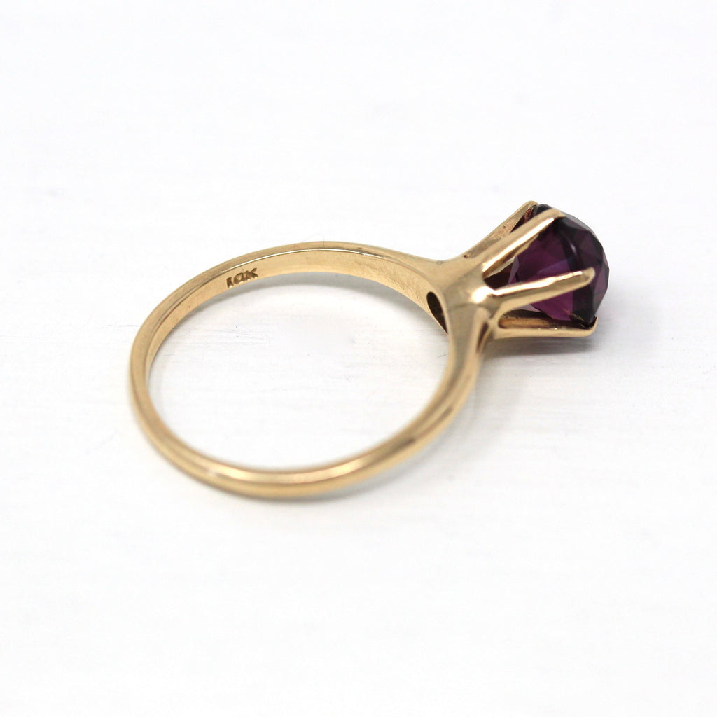 Simulated Amethyst Ring - Edwardian 10k Yellow Gold Round Faceted Purple Stone - Antique Circa 1910s Era Size 7.5 Solitaire Fine Jewelry