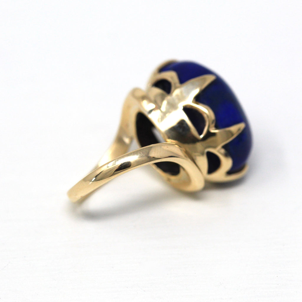 Genuine Lapis Lazuli Ring - Vintage 10k Yellow Gold Large Oval 13.67 Ct Blue Gem Cabochon Statement - 1970s Size 6 Gemstone 70s Fine Jewelry