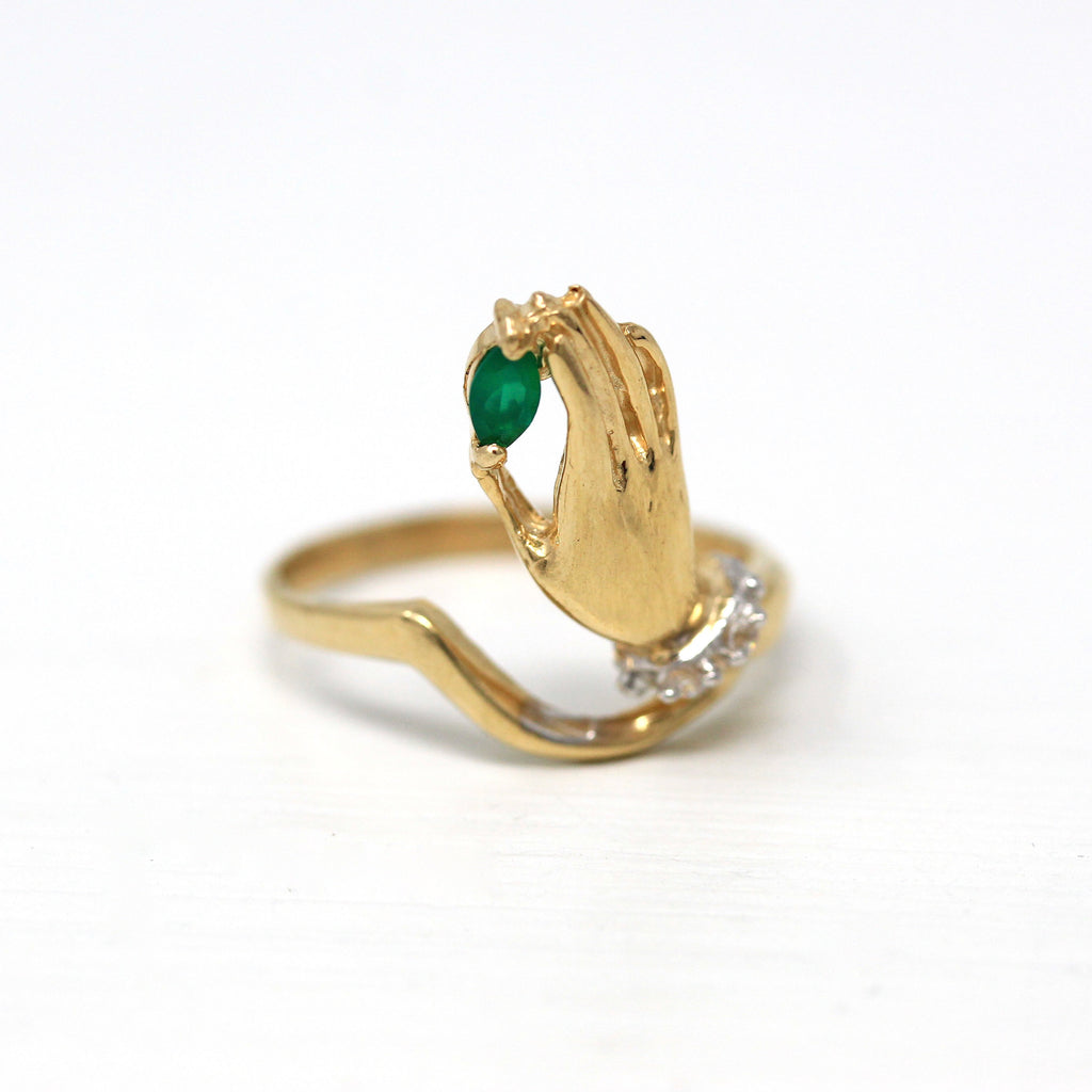 Estate Hand Ring - Modern 14k Yellow Gold Victorian Style Holding Simulated Emerald - Circa 2000s Era Size 7 Fine Symbolic Figural Jewelry