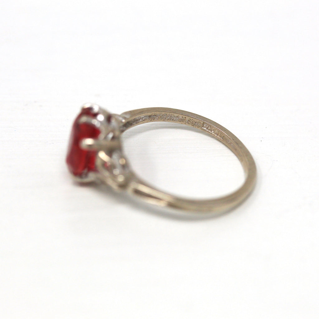 Vintage Heart Ring - Mid Century 10k White Gold Heart Cut Simulated Ruby - Circa 1950s Era Size 5 1/2 Love Red Glass Fine BDA 50s Jewelry