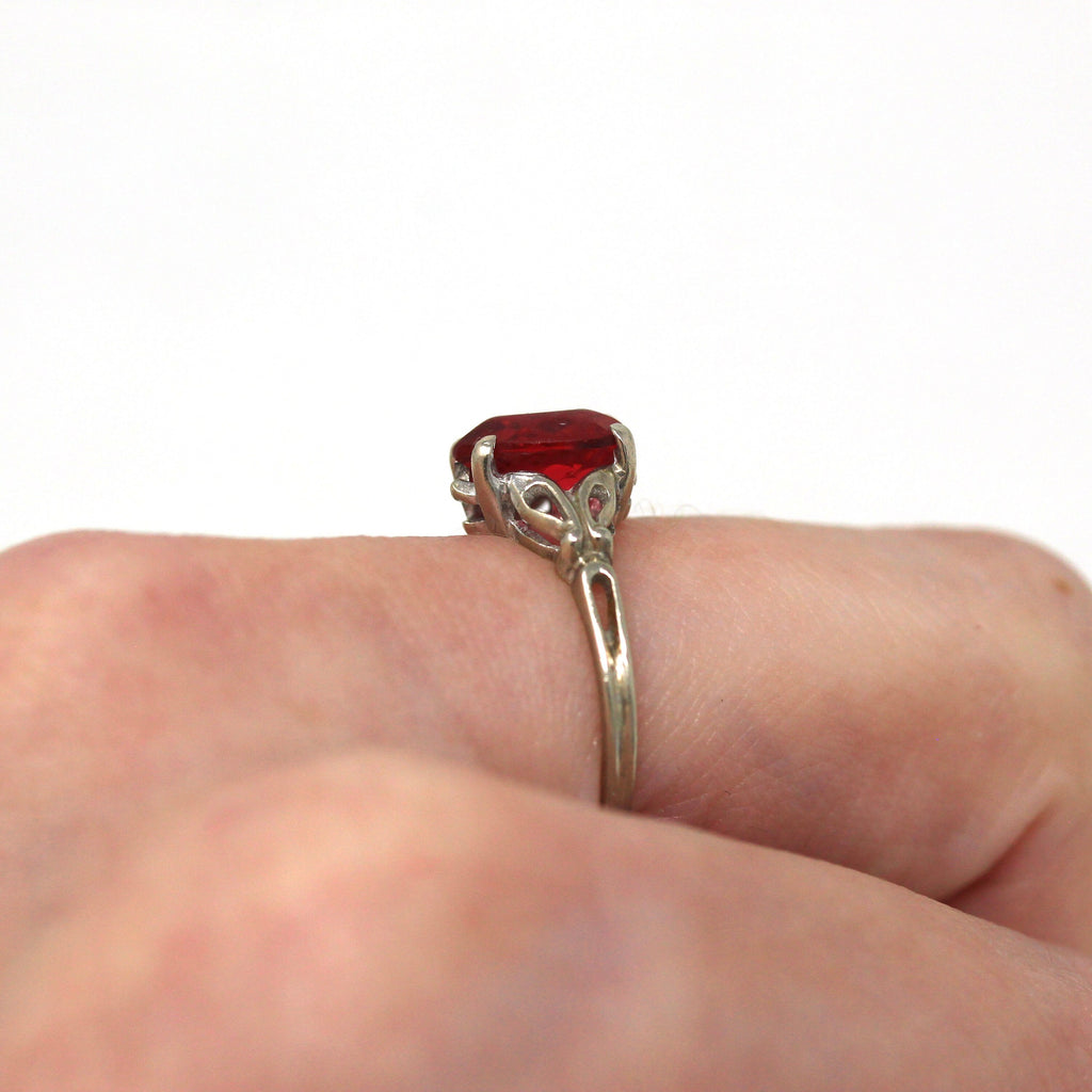 Vintage Heart Ring - Mid Century 10k White Gold Heart Cut Simulated Ruby - Circa 1950s Era Size 5 1/2 Love Red Glass Fine BDA 50s Jewelry