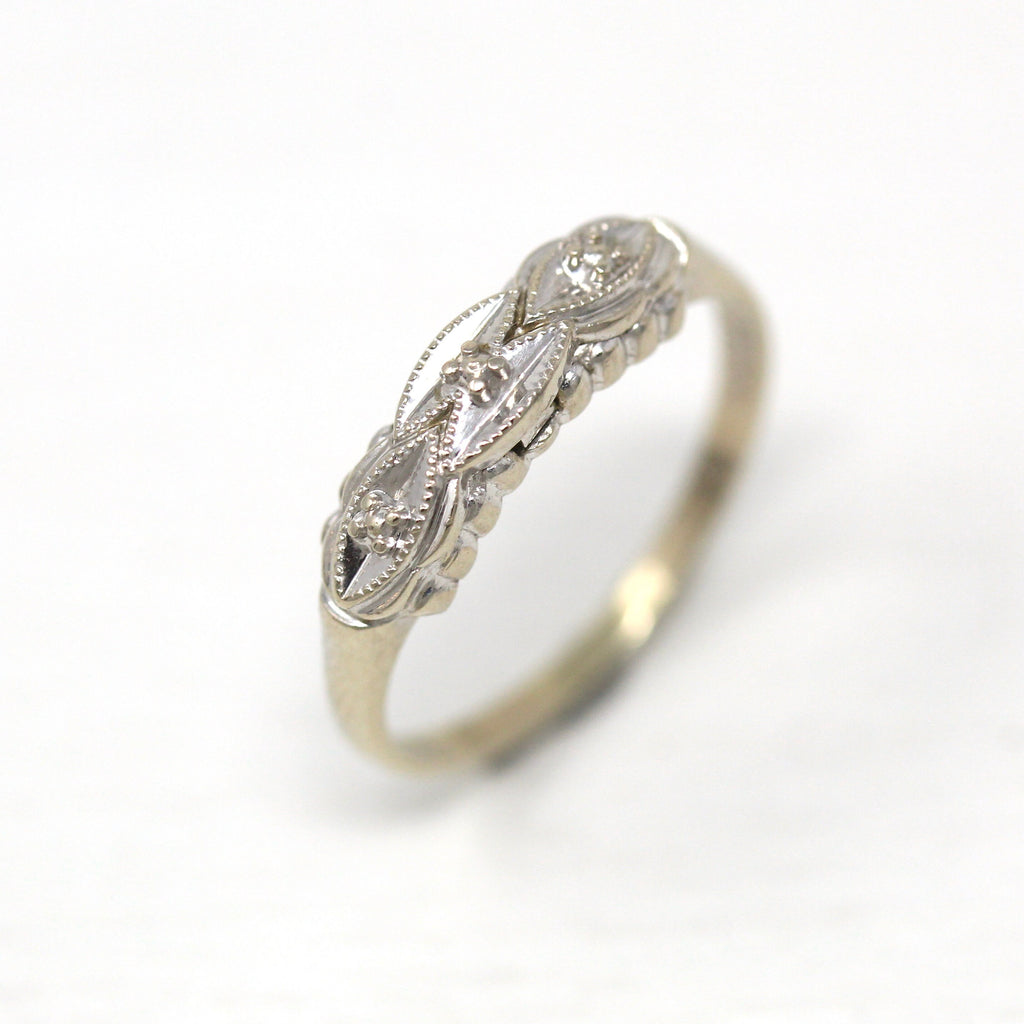 Vintage Wedding Band - Mid Century Era 14k White Gold Milgrain Design Ring - Circa 1950s Size 5.5 Bridal Wedding Stacking Style Fine Jewelry
