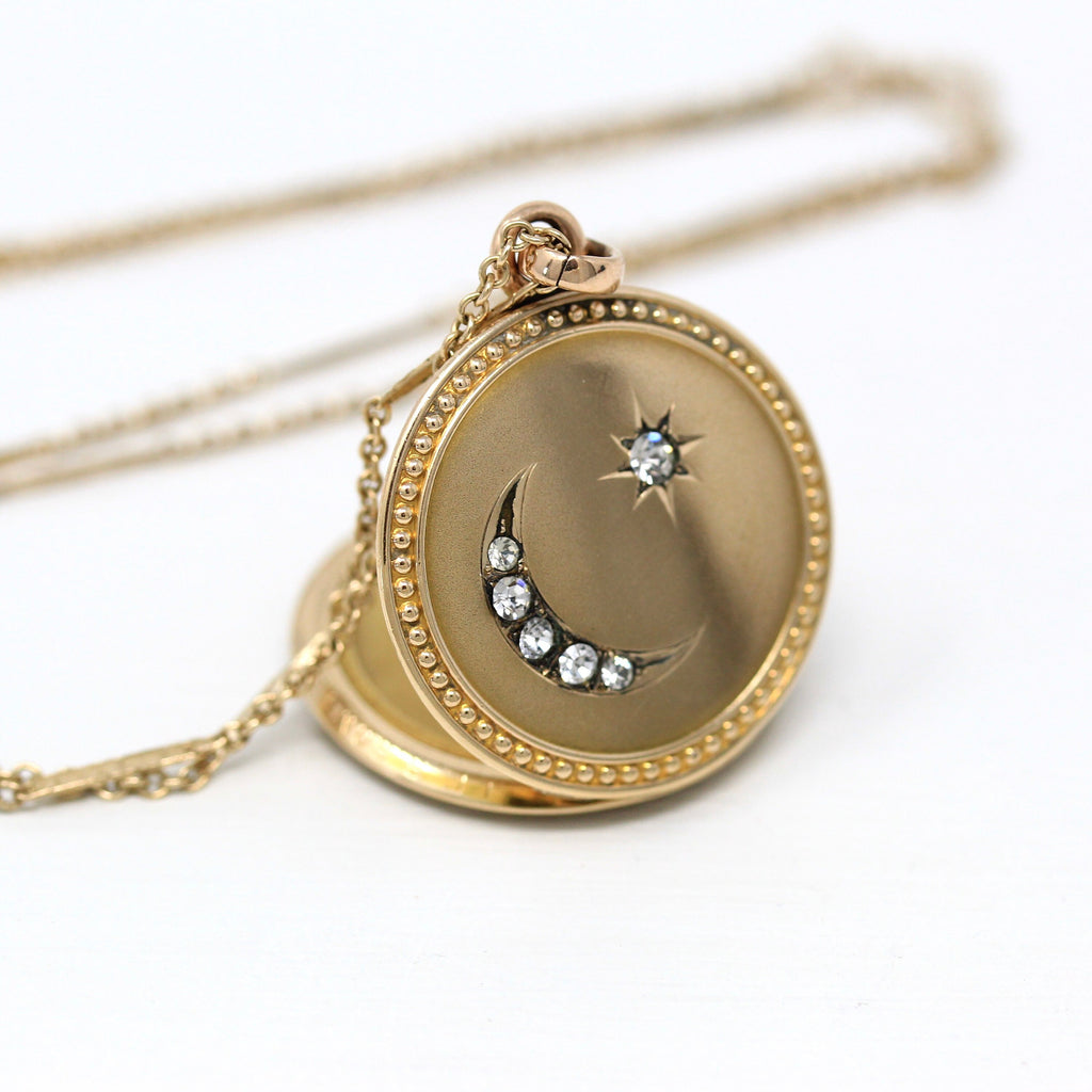 Star & Moon Locket - Antique Gold Filled Rhinestones Pendant Necklace Charm - Edwardian Circa 1900s Era Celestial Crescent Photo Jewelry