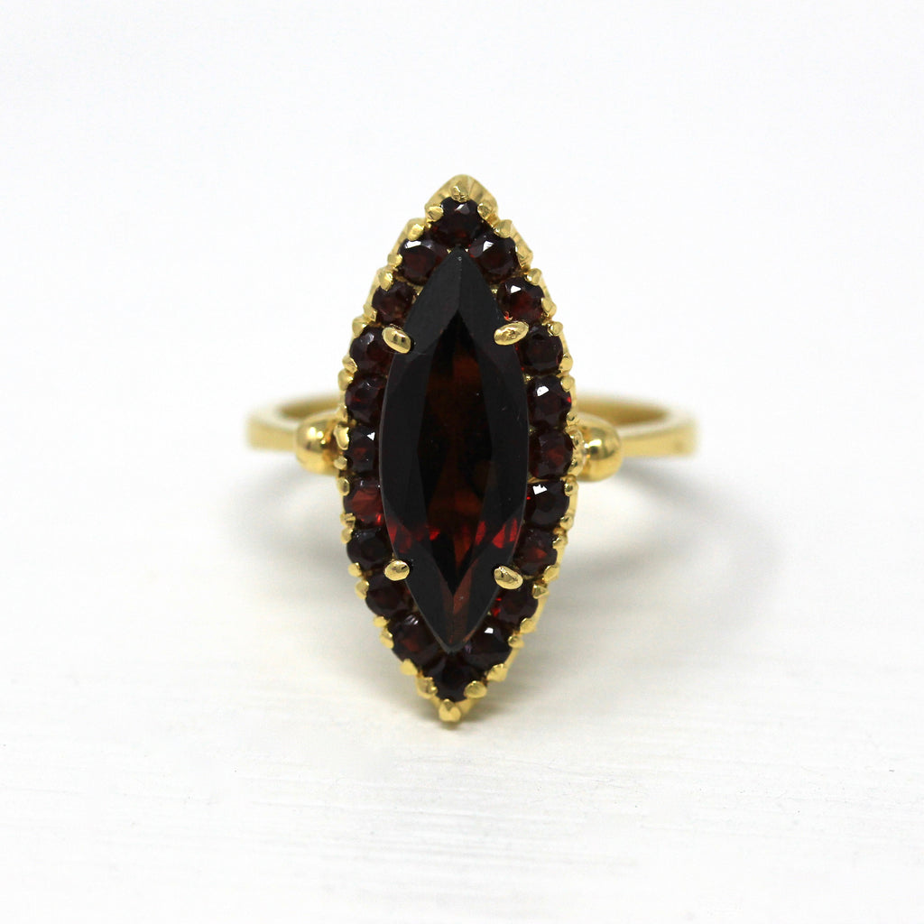 Vintage Garnet Ring - 18k Yellow Gold Genuine Dark Red Gemstone Cluster Statement - Retro 1960s Size 7 January Birthstone Fine Jewelry