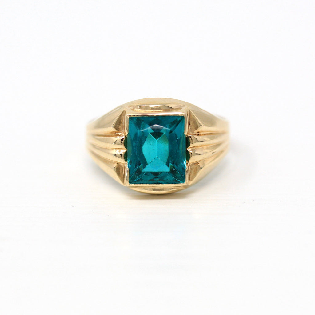 Simulated Emerald Ring - Retro 10k Yellow Gold Rectangular Faceted Green Glass Stone - Vintage 1960s Size 5 1/4 New Old Stock Fine Jewelry