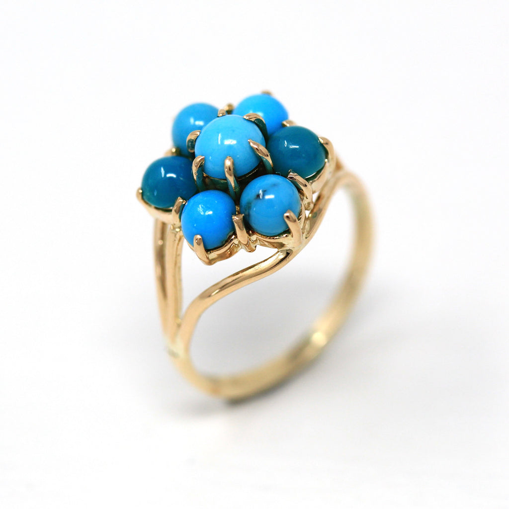 Genuine Turquoise Ring - Modern 14k Yellow Gold Cabochon Cut Blue Gem Cluster - Estate Circa 2000s Era Size 6 1/2 Statement Fine Jewelry