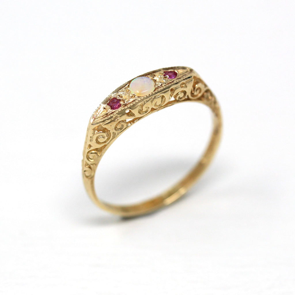 Opal & Ruby Ring - Estate 9k Yellow Gold Genuine Gemstones - Hallmarked 1993 Birmingham England Size 6 3/4 Victorian Revival Fine Jewelry