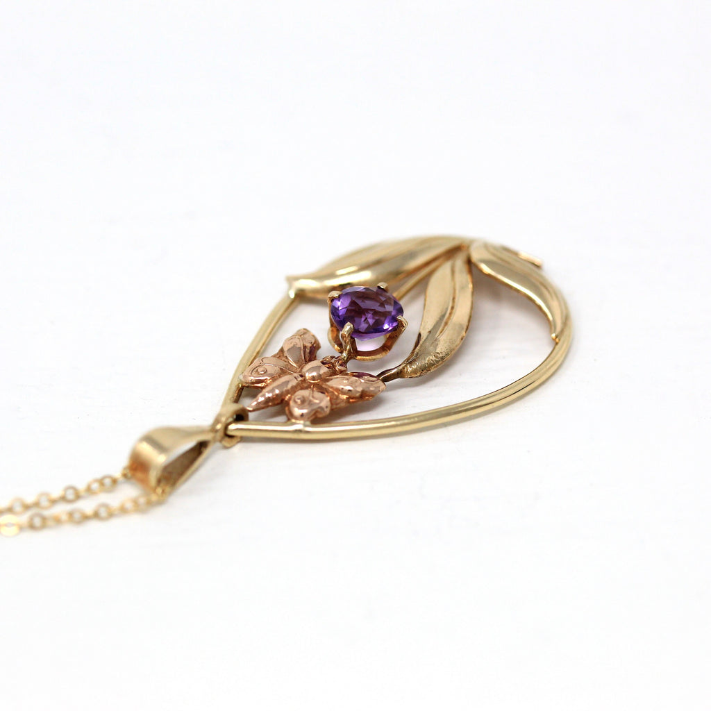 Vintage Butterfly Necklace - Retro 10k Yellow & Rose Gold Genuine Amethyst .50 CT Gem Pendant - Vintage Circa 1940s Era Flower Fine Jewelry