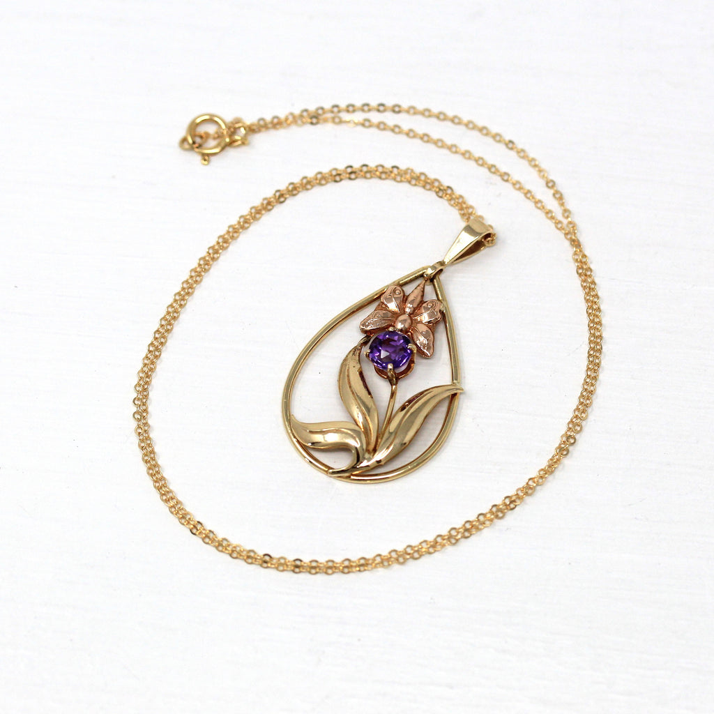 Vintage Butterfly Necklace - Retro 10k Yellow & Rose Gold Genuine Amethyst .50 CT Gem Pendant - Vintage Circa 1940s Era Flower Fine Jewelry