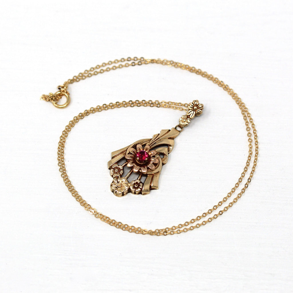 Created Ruby Necklace - Retro 10k Yellow & Rose Gold Red Pink .17 CT Stone Pendant - Vintage Circa 1940s Fine Flower Floral Esemco Jewelry