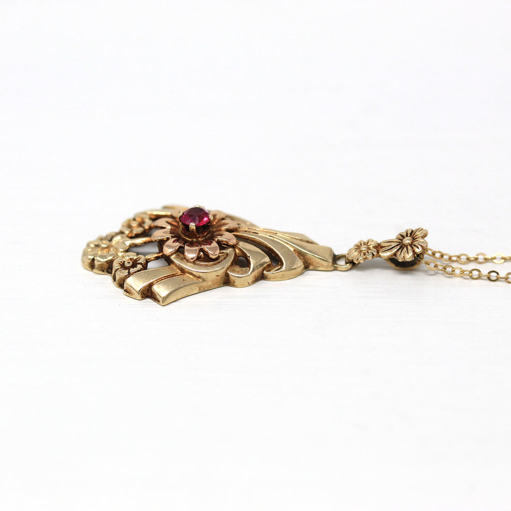 Created Ruby Necklace - Retro 10k Yellow & Rose Gold Red Pink .17 CT Stone Pendant - Vintage Circa 1940s Fine Flower Floral Esemco Jewelry