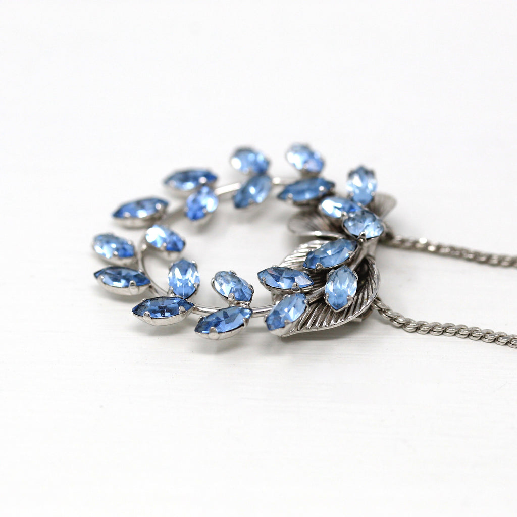 Van Dell Necklace - Vintage Sterling Silver Blue Glass Rhinestones Wreath - Mid Century Circa 1950s Era 15 1/2 " Fashion Accessory Jewelry