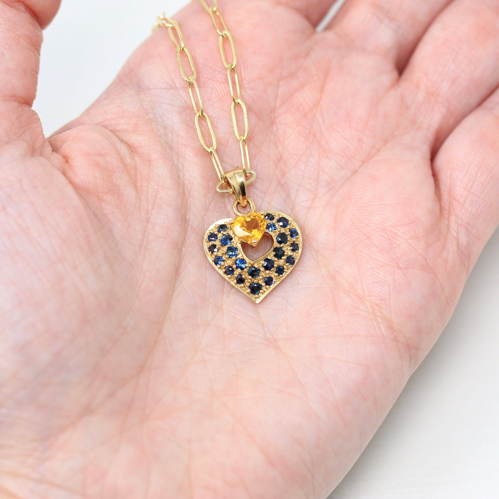 Sapphire Heart Pendant - Estate 14k Yellow Gold Genuine Blue & Orange Gems Necklace - Modern Circa 1990s September Birthstone Fine Jewelry