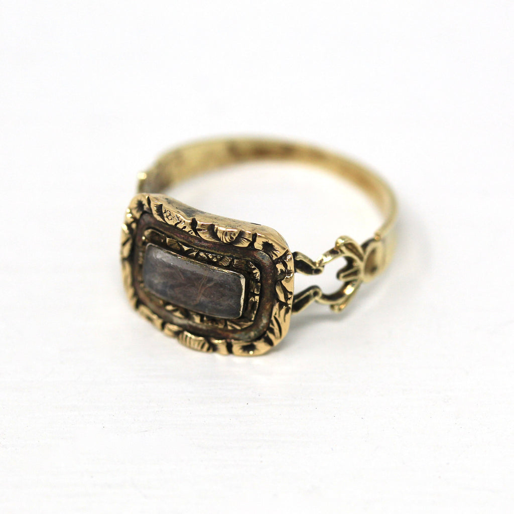 Antique Hair Ring - Georgian 10k Yellow Gold Braided Woven Human Brown Hair - Vintage Circa 1820s Era Mourning Style Symbolic Fine Jewelry