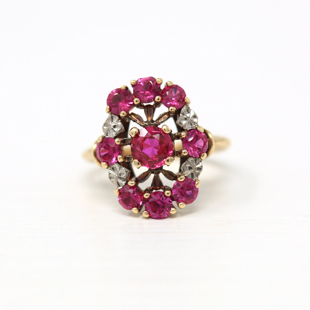 Created Ruby Ring - Vintage Retro Era 10k Yellow & White Gold 1.38 CTW Shield Floral Statement - Size 4 July Birthstone Flower Fine Jewelry