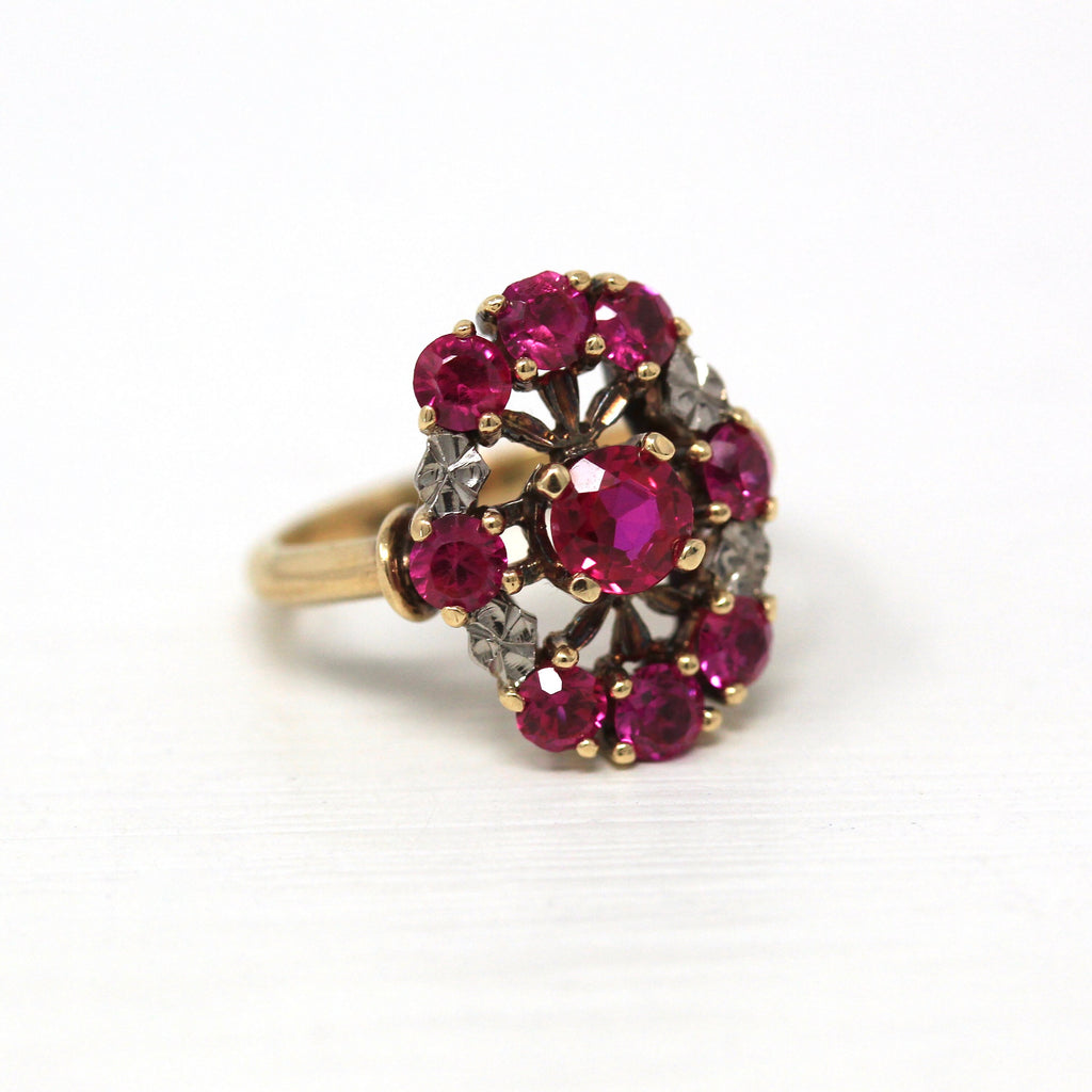 Created Ruby Ring - Vintage Retro Era 10k Yellow & White Gold 1.38 CTW Shield Floral Statement - Size 4 July Birthstone Flower Fine Jewelry