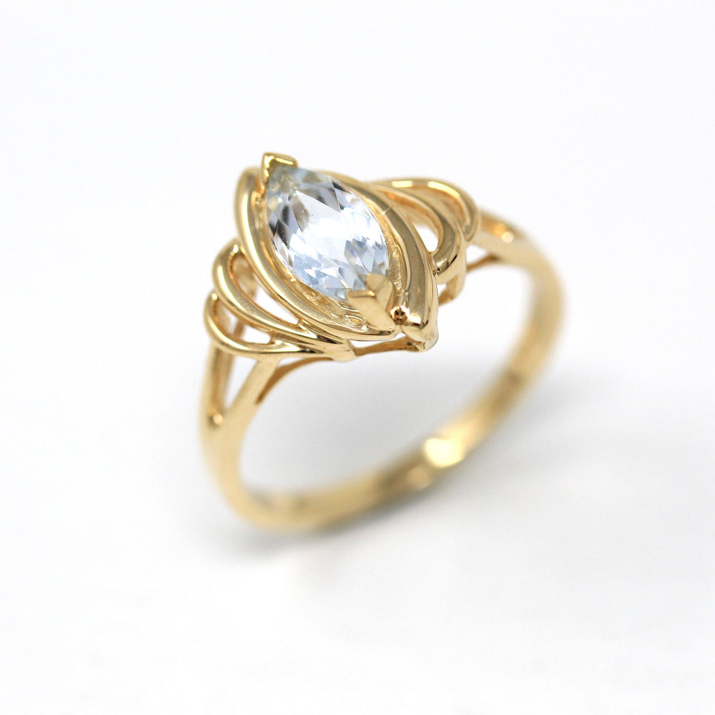 Genuine Aquamarine Ring - Estate 10k Yellow Gold Marquise Faceted .80 CT Blue Gemstone - Modern Circa 1990s Era Size 7 3/4 Gem Fine Jewelry