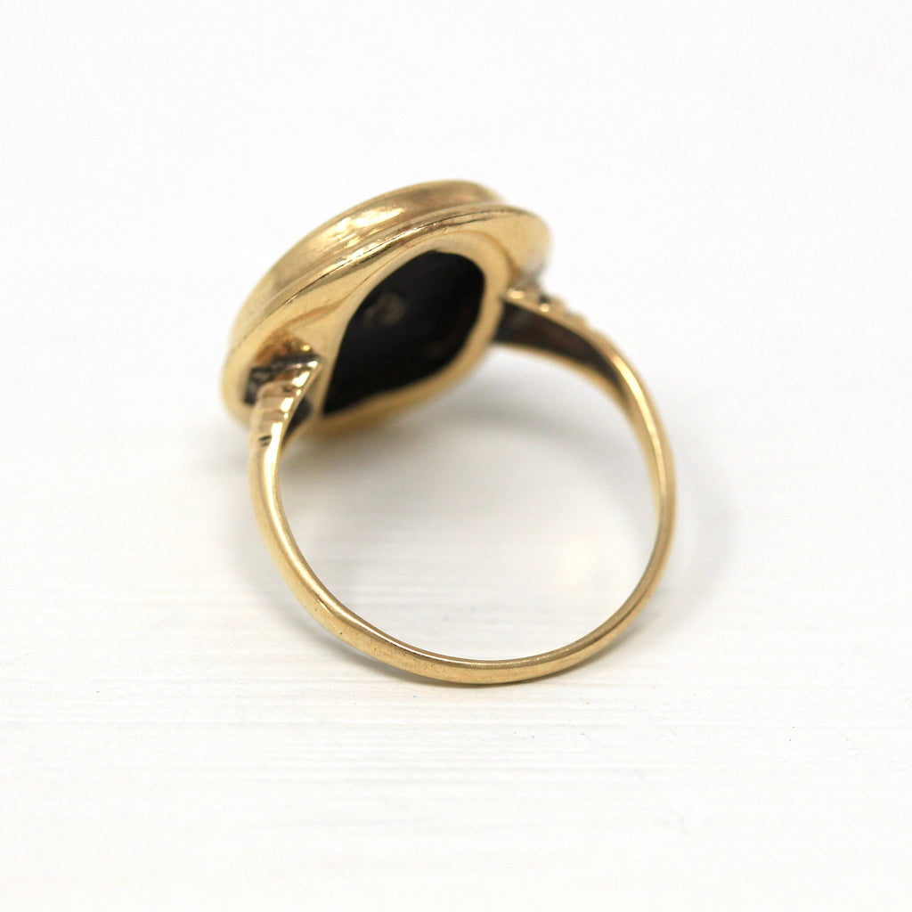Genuine Onyx Ring - Retro 10k Yellow Gold Black Gemstone Statement - Vintage Circa 1940s Era Size 5 Diamond Gem Flower Oval Fine Jewelry