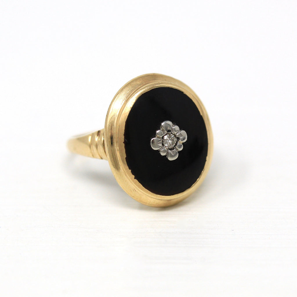 Genuine Onyx Ring - Retro 10k Yellow Gold Black Gemstone Statement - Vintage Circa 1940s Era Size 5 Diamond Gem Flower Oval Fine Jewelry