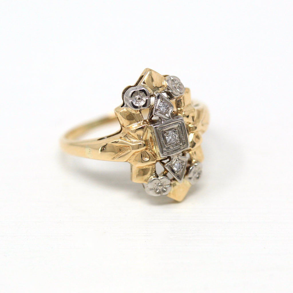 Bow Shield Ring - Art Deco Era 14k Yellow & White Gold .04 CTW Diamond Gems - Vintage Circa 1940s Size 5.5 Navette Flower Fine Jewelry