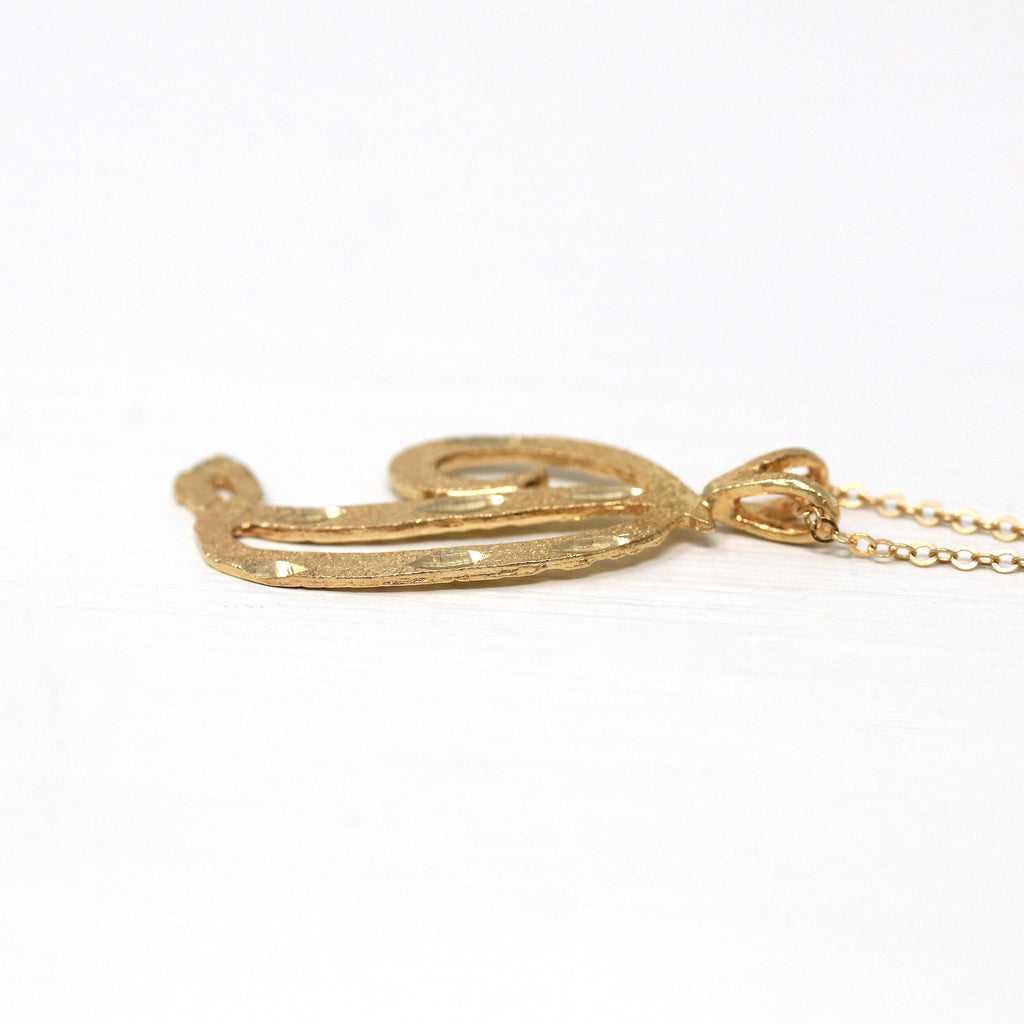 Letter "D" Necklace - Modern 14k Yellow Gold Diamond Cut Charm Pendant - Estate Circa 2000's Era Cursive Single Initial Name Fine Jewelry