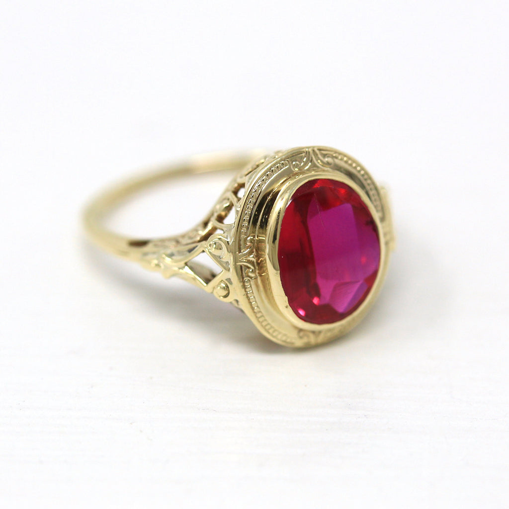 Created Ruby Ring - Art Deco 10k Yellow Gold Oval Fancy Cut Reddish Pink Stone - Vintage Circa 1930s Era Size 6 July Birthstone Fine Jewelry