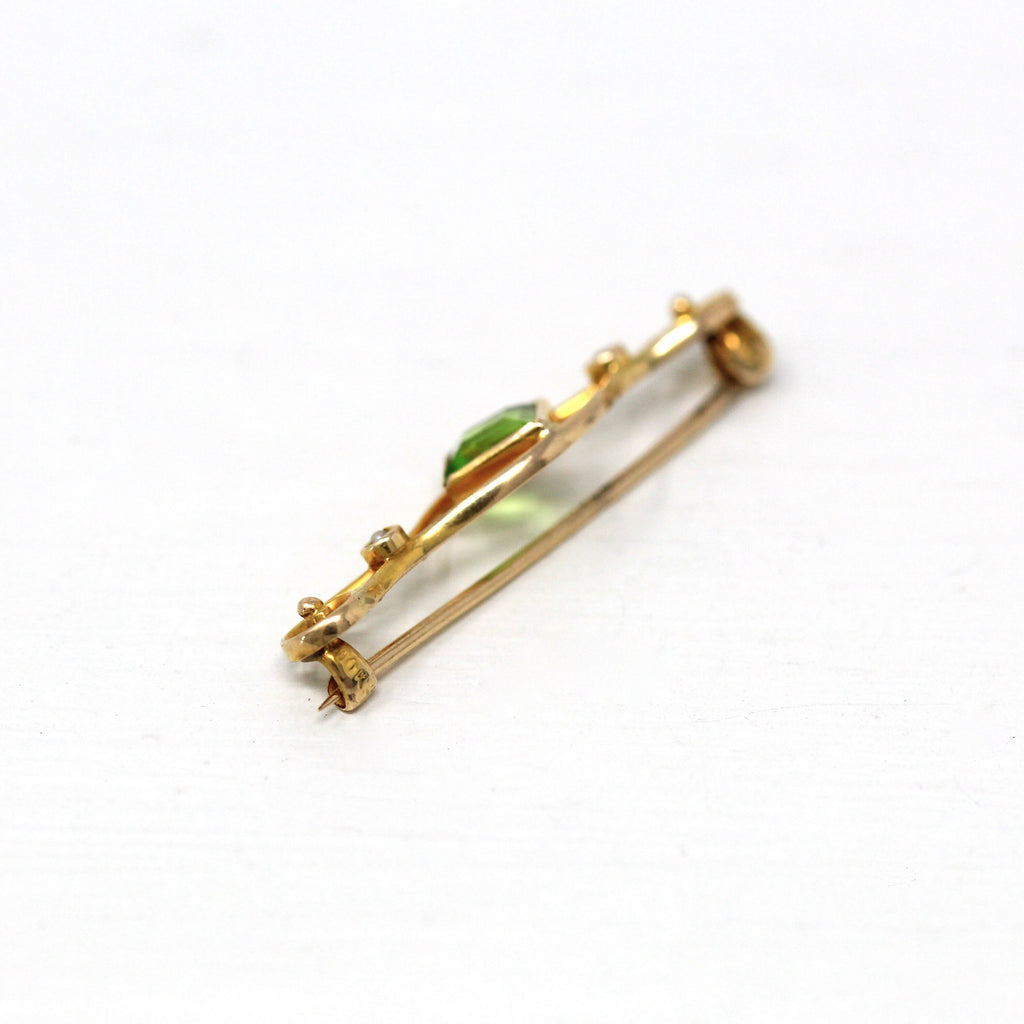 Antique Bar Pin - Edwardian Era 10k Yellow Gold Simulated Peridot Green Glass Brooch - Vintage Circa 1910s Seed Pearls August Fine Jewelry