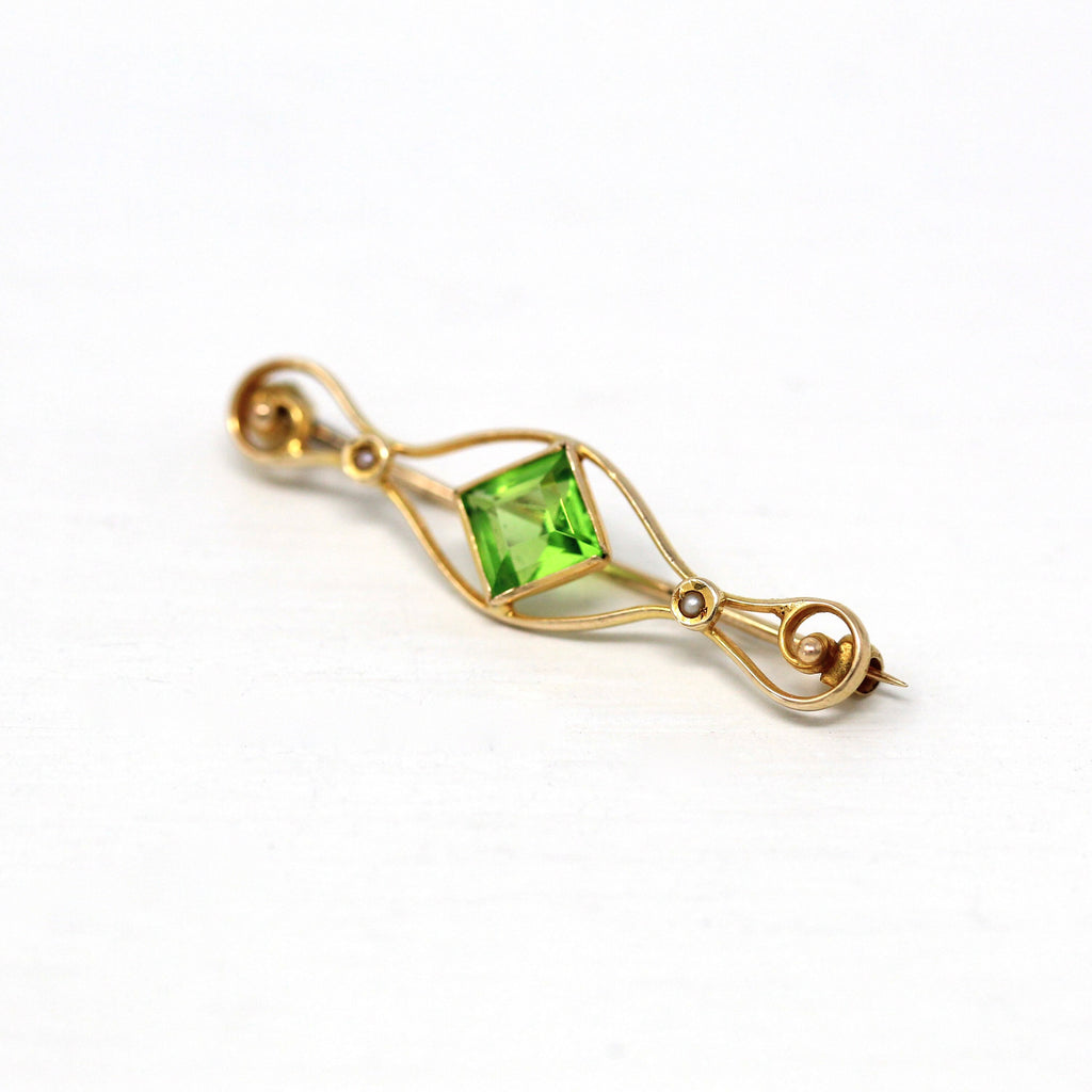 Antique Bar Pin - Edwardian Era 10k Yellow Gold Simulated Peridot Green Glass Brooch - Vintage Circa 1910s Seed Pearls August Fine Jewelry