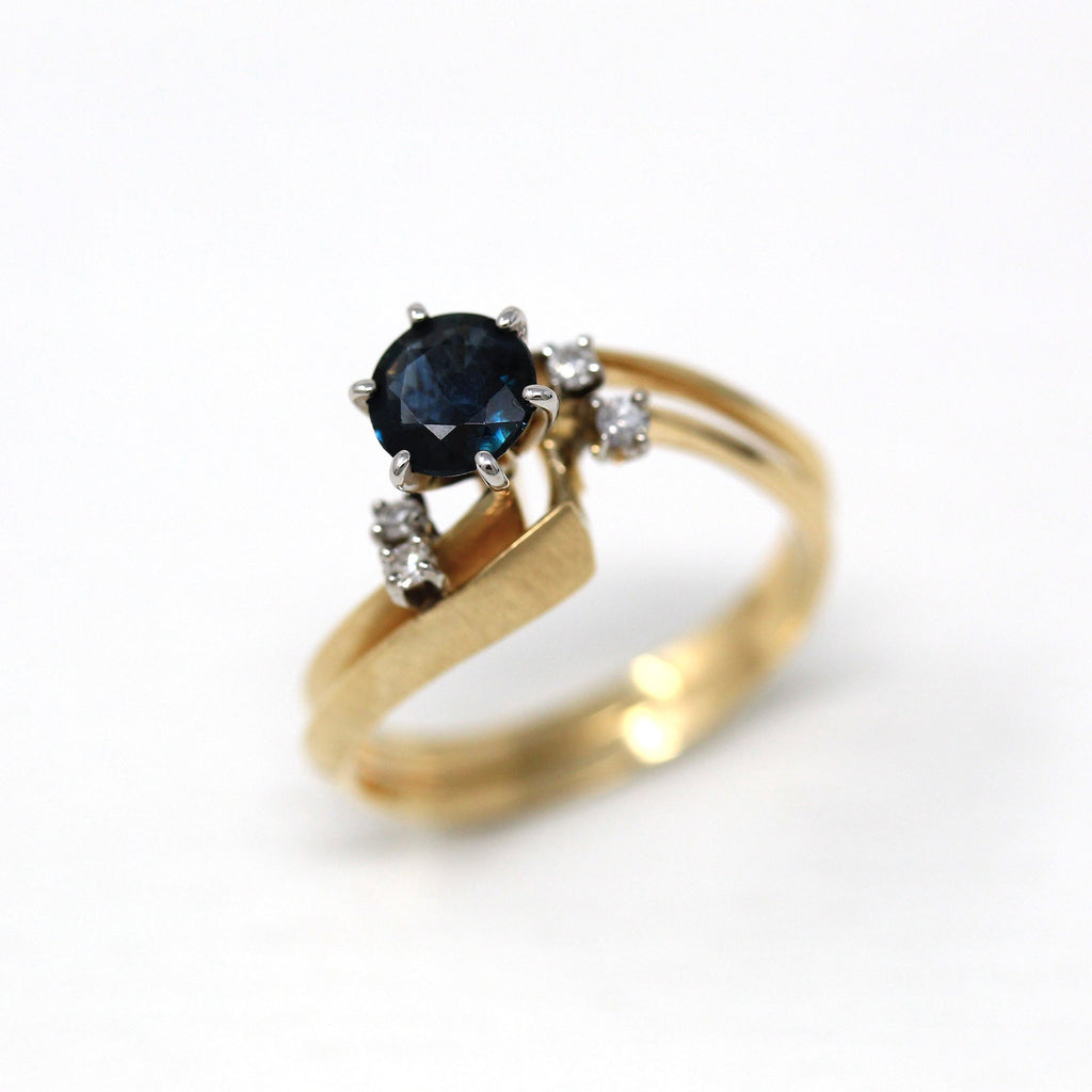 Wedding Ring Set - Retro Era 14k Yellow & White Gold Genuine .85 CT Blue Sapphire Gem - Vintage Circa 1970s Size 8 1/4 Diamond Fine Jewelry