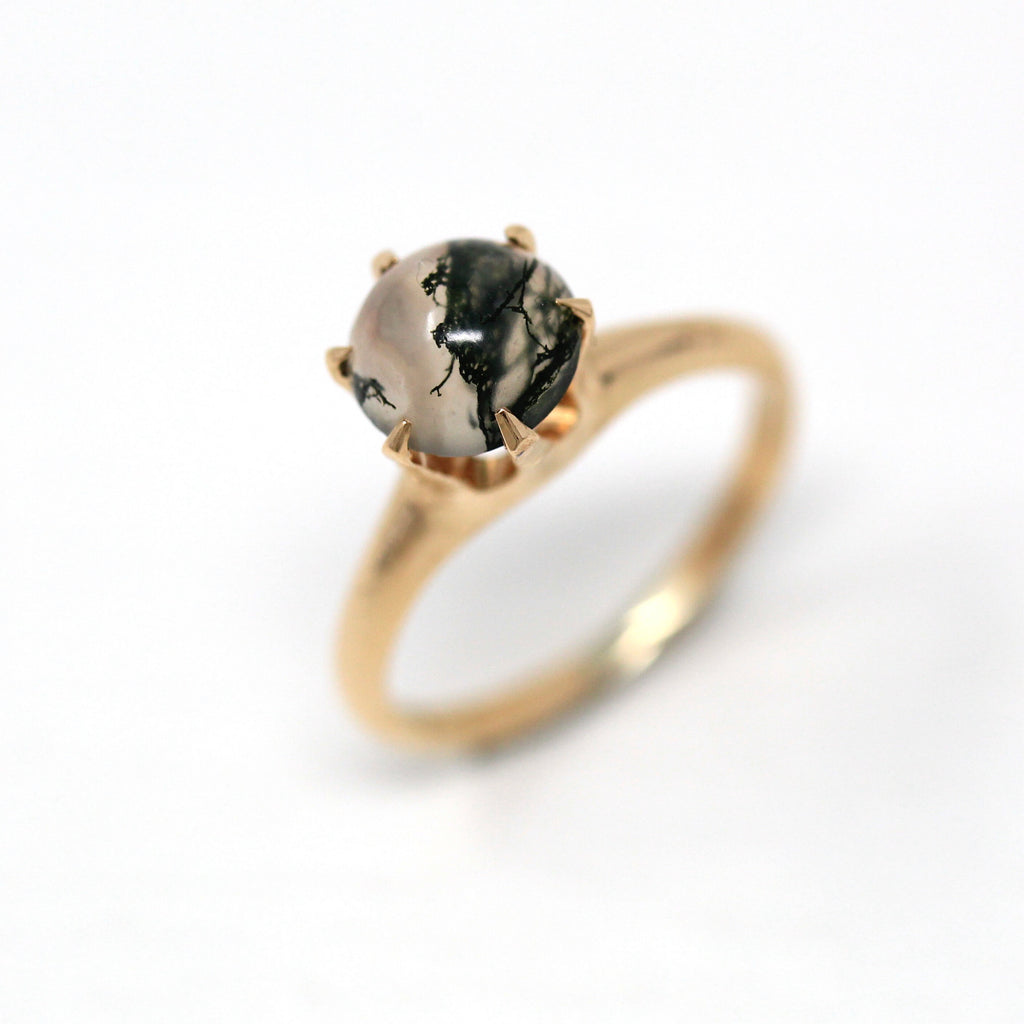 Moss Agate Ring - Edwardian 10k Yellow Gold Genuine Cabochon Cut 1.07 CT - Antique Circa 1910s Era Size 4 Solitaire Green Gem Fine Jewelry