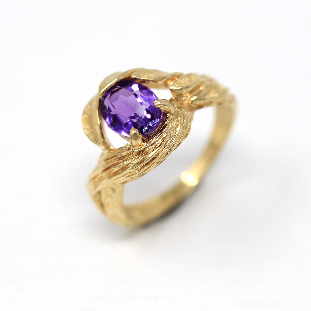 Genuine Amethyst Ring - Modern 14k Yellow Gold Oval Faceted 1.12 CT Purple Gem - Estate Circa 2000s Size 6 1/2 February Birthstone Jewelry