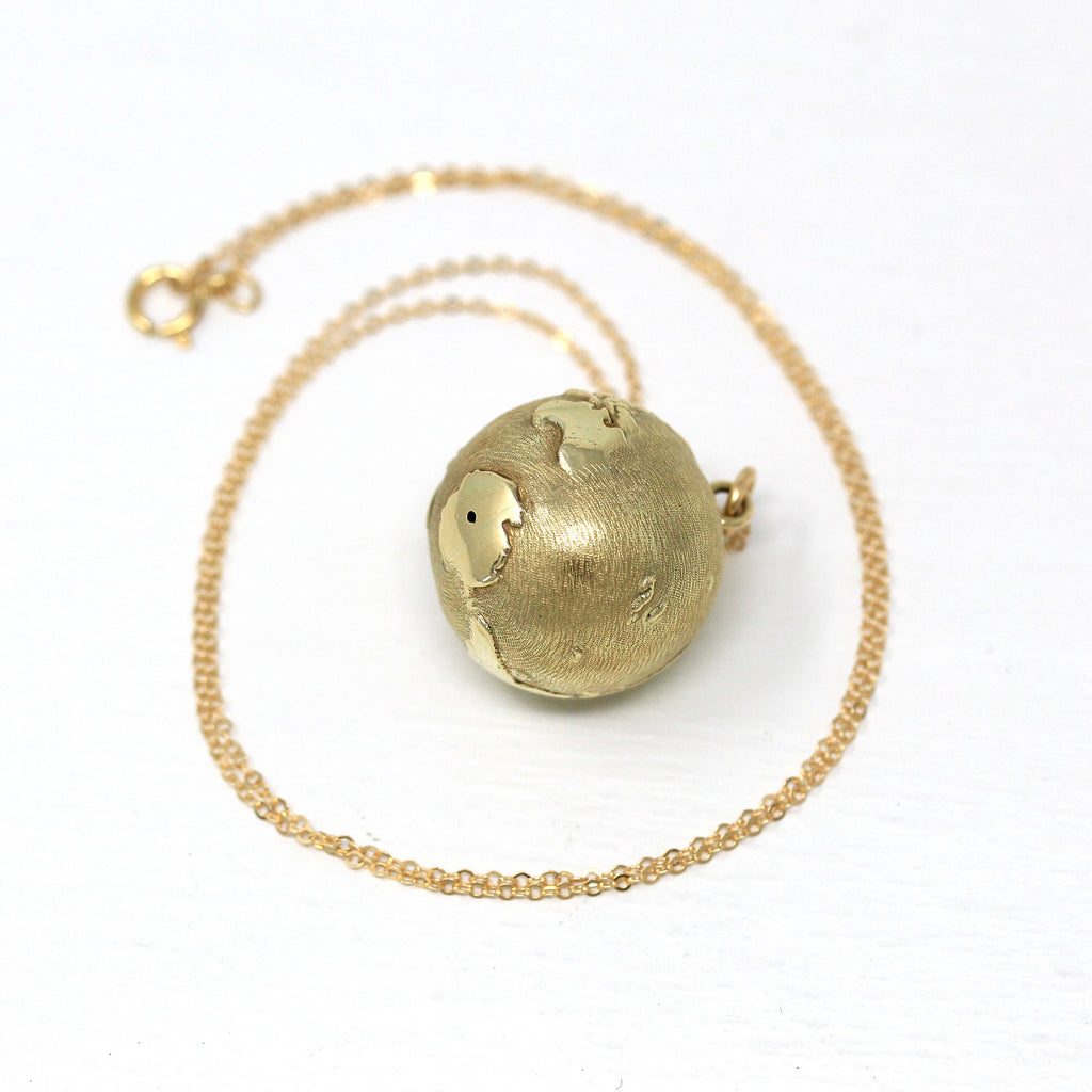World Globe Charm - Retro 14k Yellow Gold Figural Round Continents Pendant Necklace - Vintage Circa 1970s Traveling Gift 70s Fine Jewelry