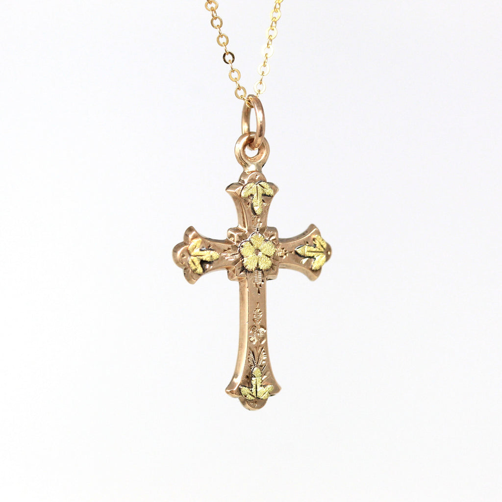 Antique Cross Necklace - Victorian Era 10k Rose Gold Flower Leaf Crucifix Pendant - Circa 1890s Era Religious Faith Two Tone Fine Jewelry