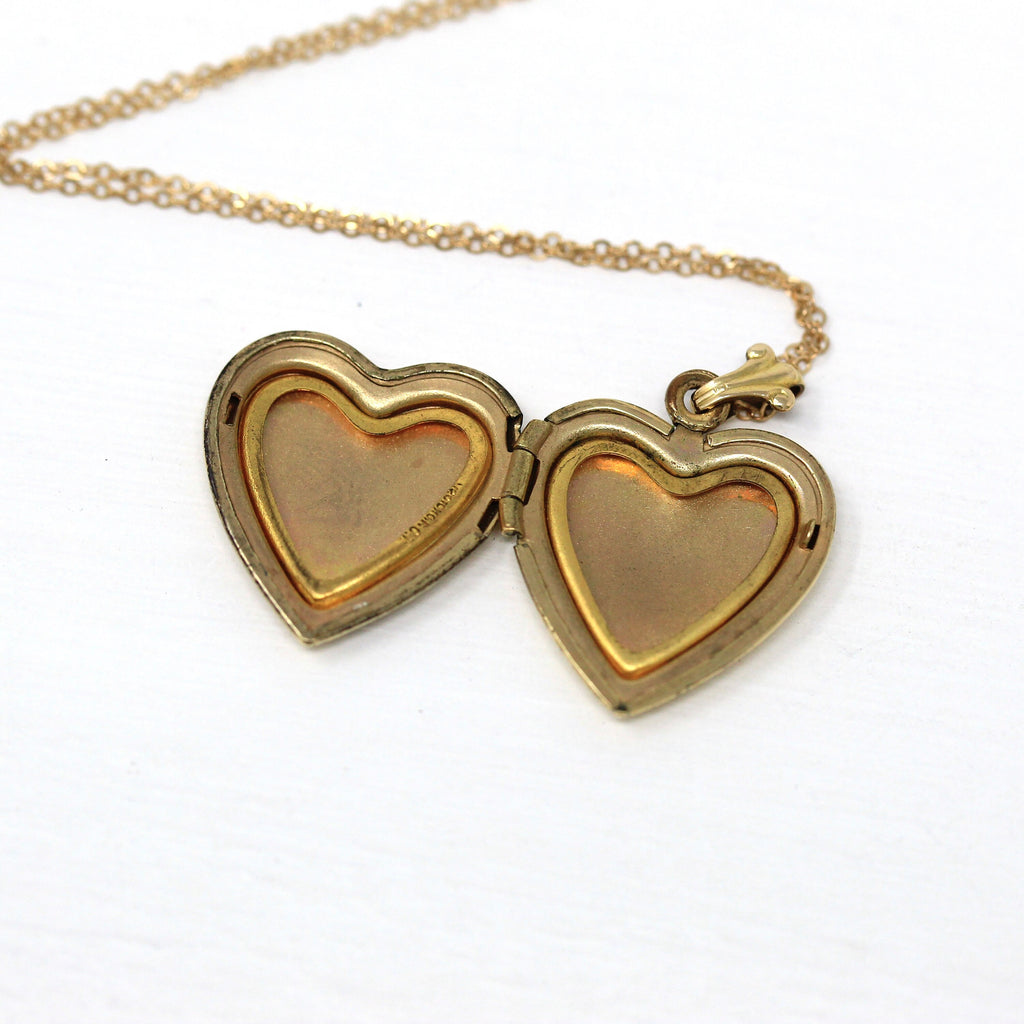 Vintage Heart Locket - Retro 10k Yellow Gold Filled Triangle Design Pendant Necklace - Circa 1940s Era Accessory Keepsake 40s Jewelry