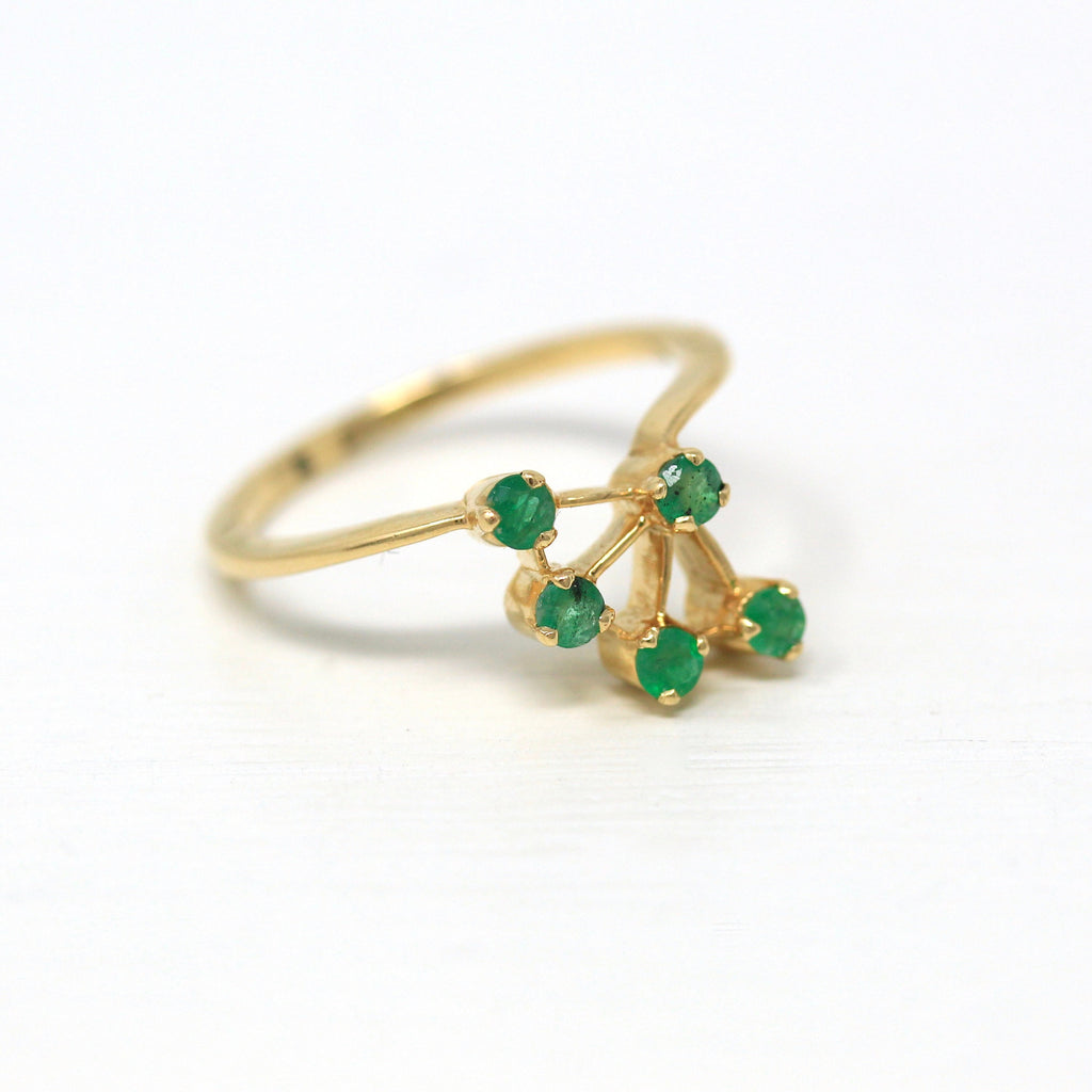 Genuine Emerald Ring - Estate 14k Yellow Gold Genuine Round Faceted .30 CTW Gems - Vintage Circa 1990s Era Size 6.5 Fan Design Fine Jewelry