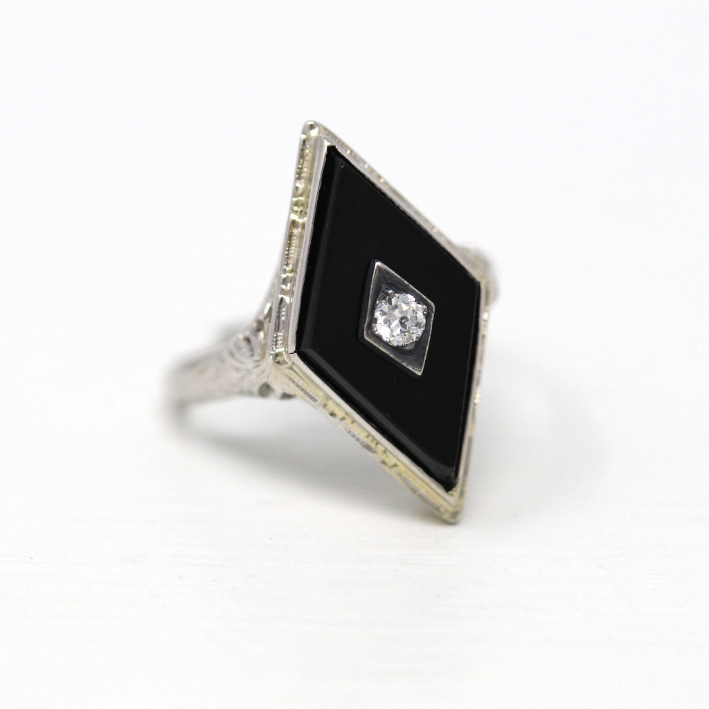 Onyx & Diamond Ring - Art Deco 14k White Gold Genuine .05 CT Gemstone Filigree - Vintage Circa 1930s Size 5 Fine Filigree Navette Jewelry