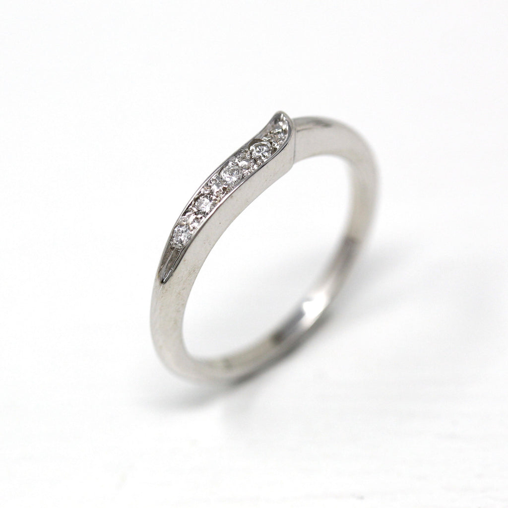Vintage Diamond Band - Mid Century 14k White Gold .04 CTW Curved Ring - 1950s Era Size 5 1/4 Wedding Fine Engagement Bridal Jewelry